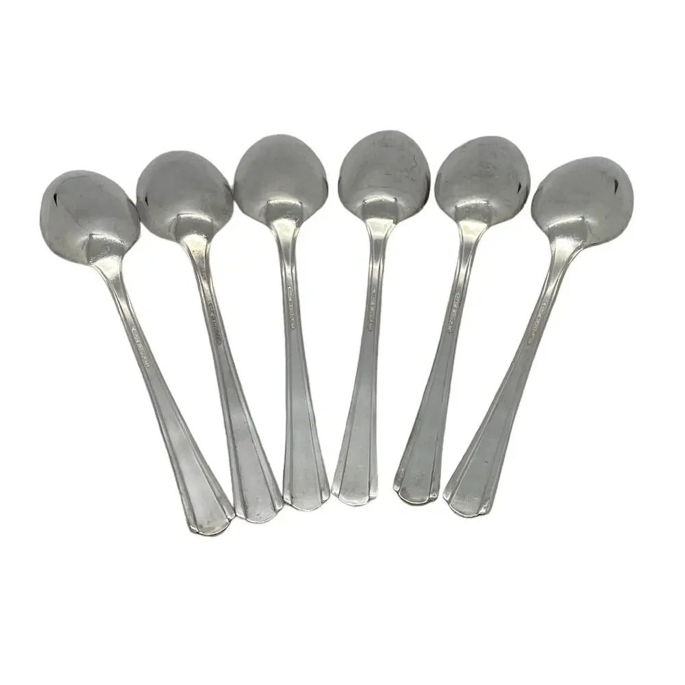 Six Court Silverplate 7 1/4” Place Oval Glossy Soup Spoons International 1939